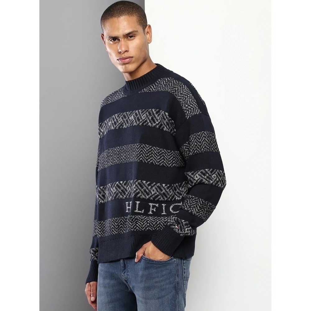 Tommy Hilfiger Men Dark Navy Fairisle Mock Neck Sweater Size XL 78J7416 410